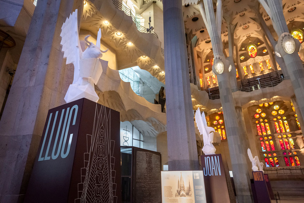 Sagrada Família displays pinnacles for towers of the Evangelists in 1:5 scale