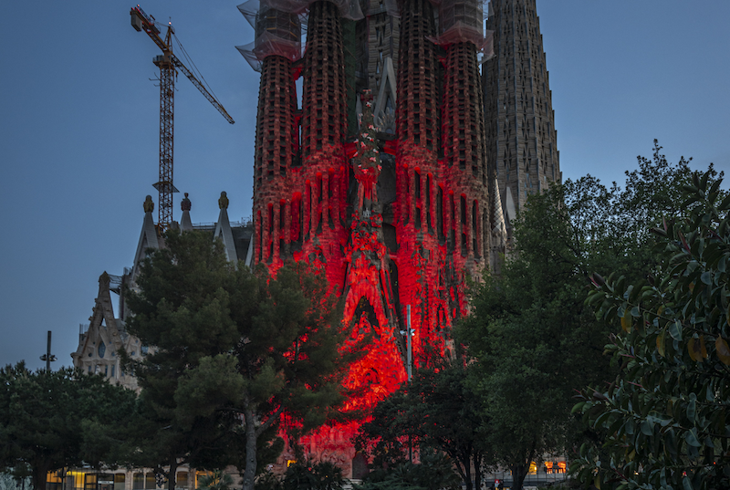 Sagrada Família Nativity façade illuminated for World Red Cross and Red Crescent Day
