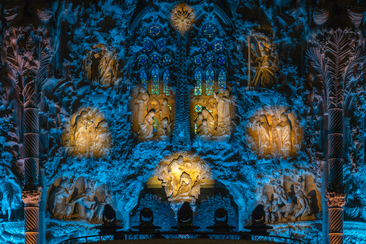 Sagrada Família Nativity façade lit up for Christmas