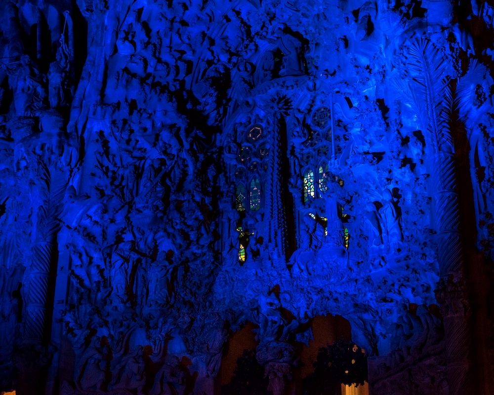 The Nativity façade is lit up blue for Europe Day