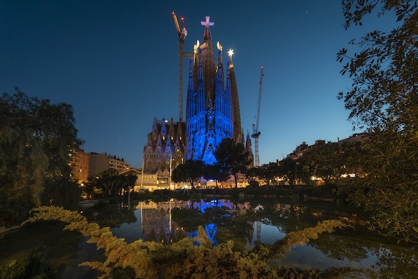 The Nativity façade is lit up blue for Europe Day