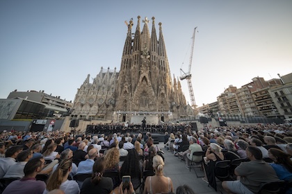 The Barcelona Municipal Band performs an open-air concert in front of the Sagrada Família